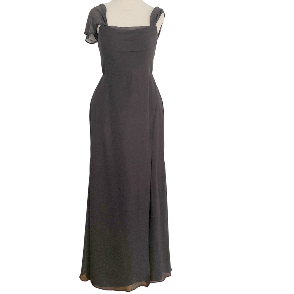 Azazie Maxi Dress Womens C=XS Black Chiffon Cowl Neck Gown Slit Bridesmaid Read‎